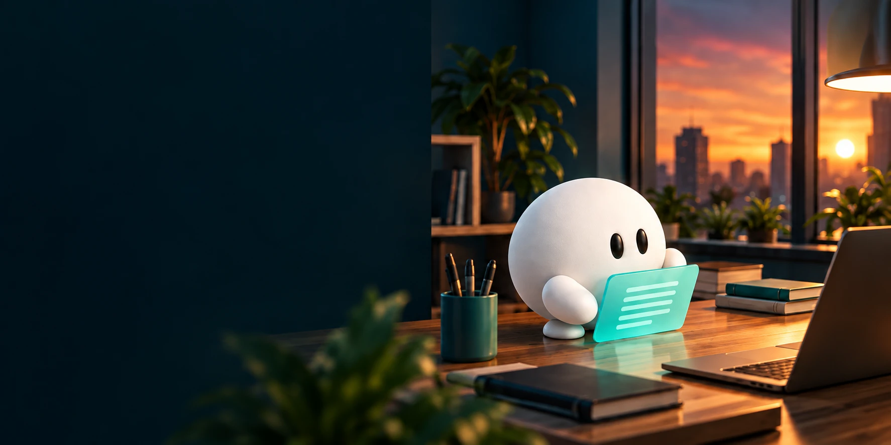 Mascote Noscitus com seu tablet em uma mesa de trabalho, entre plantas e a luz do pôr do sol.